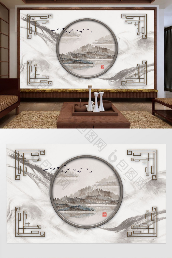新中式抽象水墨意境禅境山水背景墙装饰画