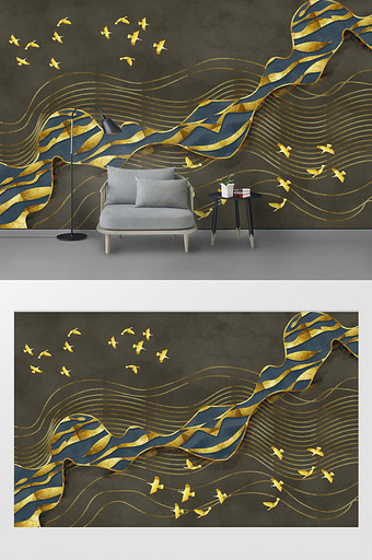 新中式抽象线条大理石纹麋鹿飞鸟玄关背景墙图片