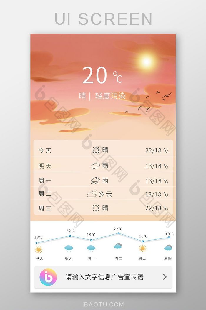 天气晴天状态插画简约一周天气预报温度