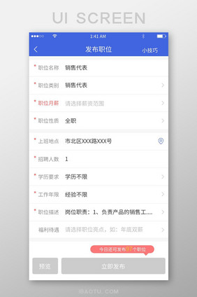 蓝色简约风格职位发布与预览展示界面