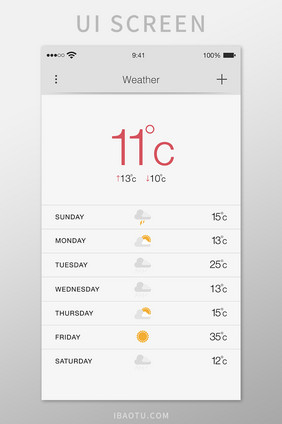 一周天气预报移动界面UI矢量素材