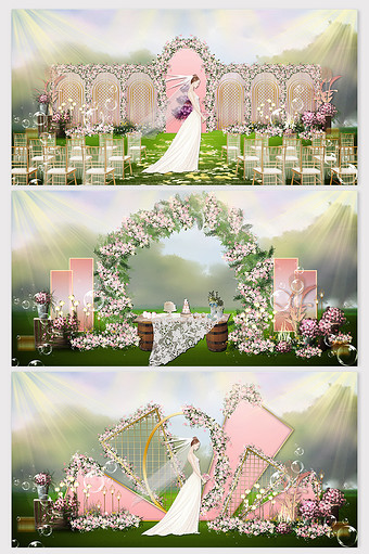 清新梦幻韩版粉色鲜花铁艺草坪婚礼效果图图片