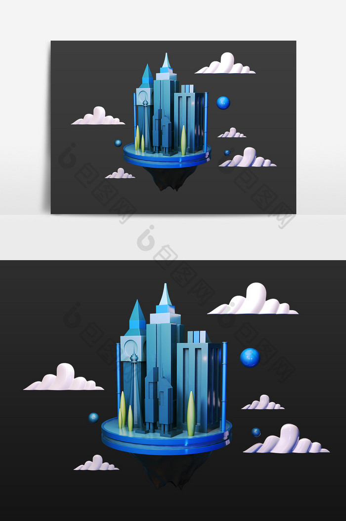C4D立体蓝色漂浮城市元素