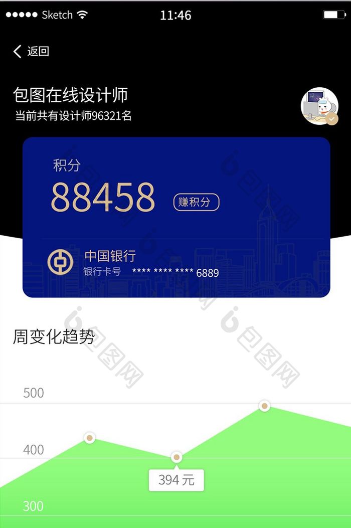 黑色简约商务风设计师账号曲线变化趋势界面