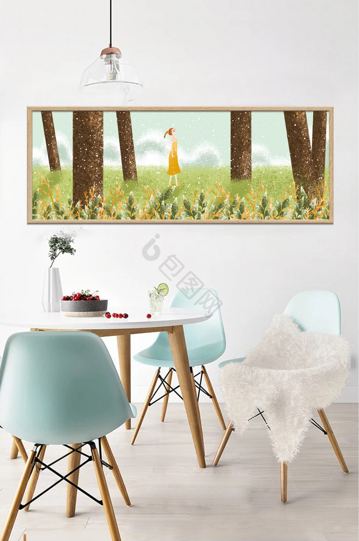 手绘春天树林女孩风景儿童房卧室装饰画图片