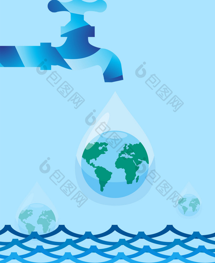 蓝色简洁手绘扁平化水龙头水滴地球世界水日