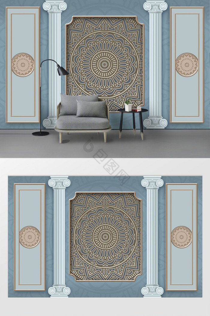 现代时尚浮雕罗马柱欧式花纹蓝色背景墙图片