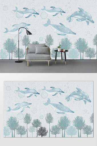 北欧森林海豚卡通动画背景墙图片