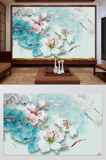 新中式水彩玉兰花客厅背景墙图片