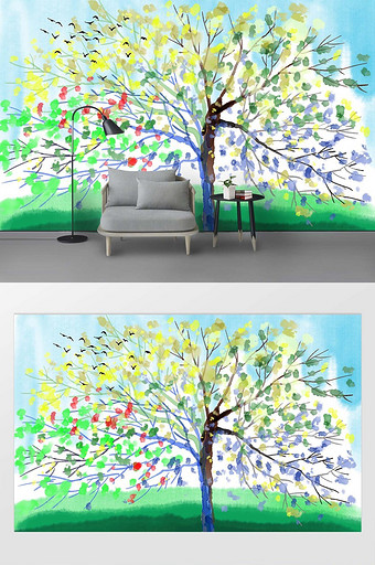 现代彩色生命树抽象树油画背景墙图片