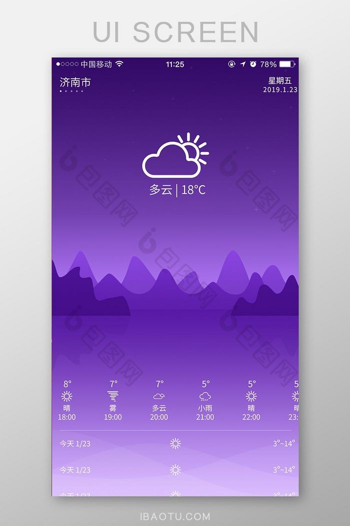 扁平紫色多彩插画风ui移动天气界面预报图片图片
