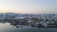 航拍山东济南大明湖景区冬季雪景