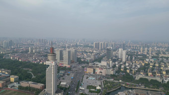 航拍山东济宁城市建设地标高楼