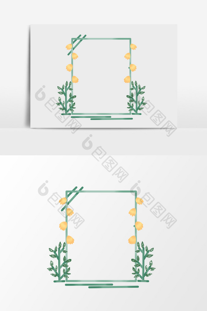 手绘卡通小清新绿色树枝黄花边框小元素