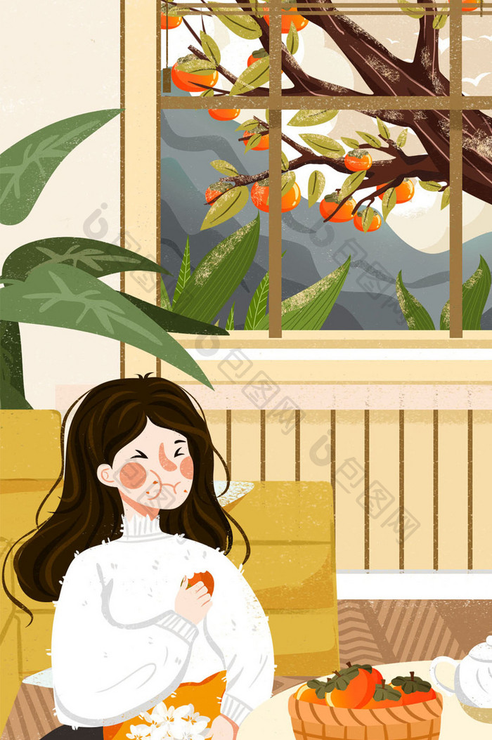 霜降女孩居家吃柿子生活gif插画