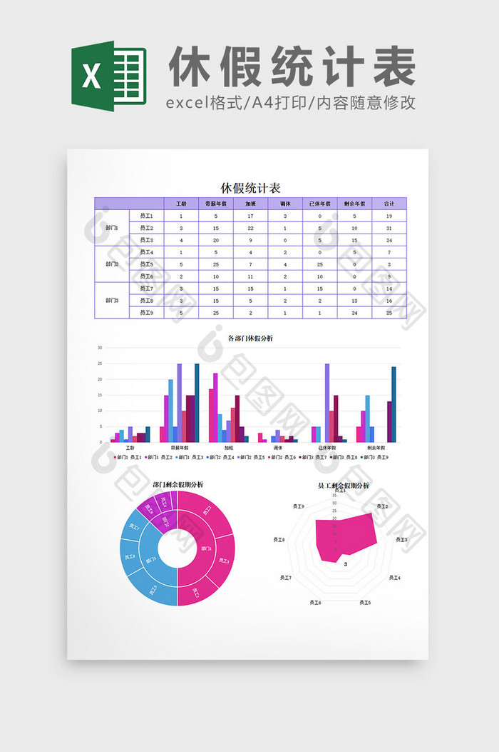 休假统计表excel模板