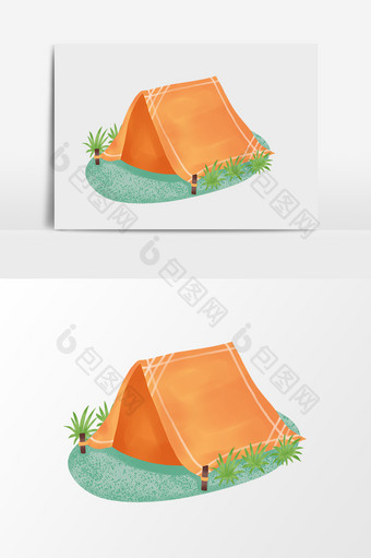 手绘卡通小清新橙色帐篷绿色草地小元素图片