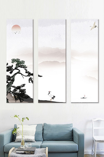 水墨松树仙鹤山峰山峦客厅中式背景装饰画图片