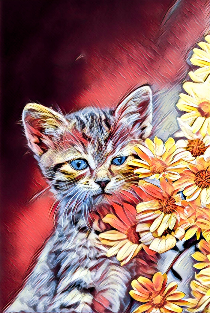 艺术油画插画动物宠物猫咪花朵装饰画
