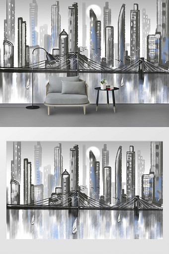 现代简约抽象城市油画背景装饰画