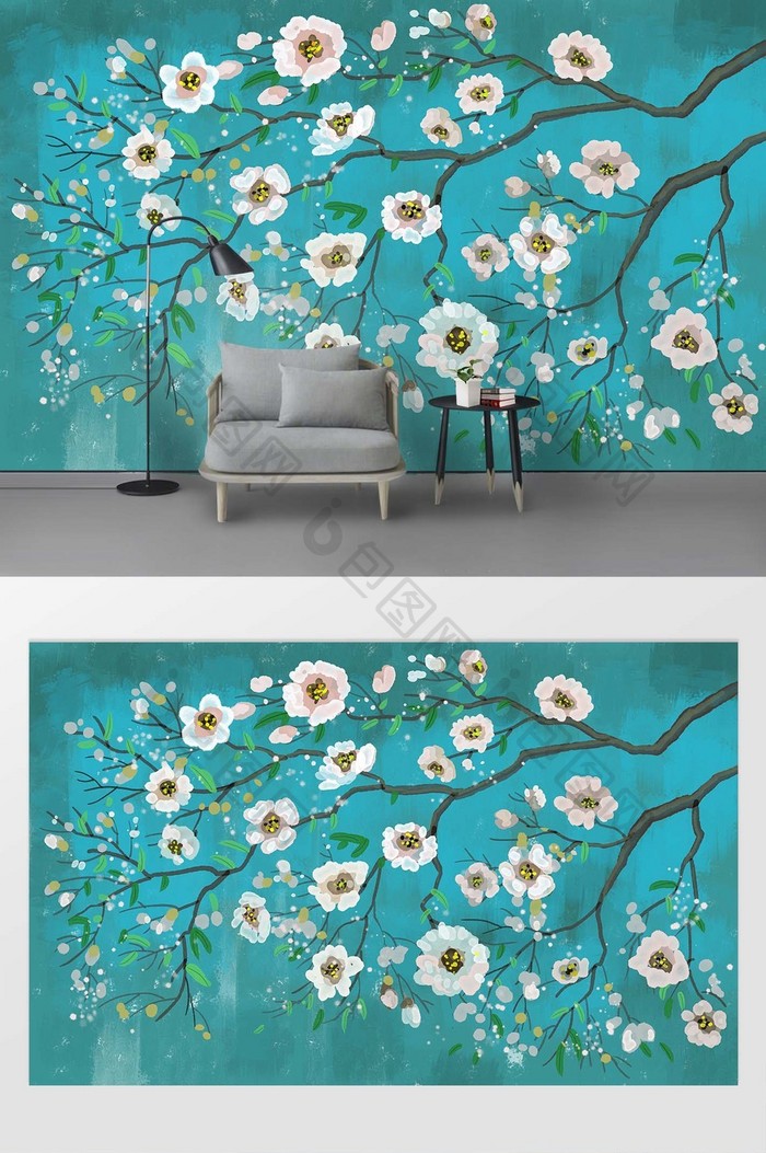 欧式手绘复古花卉油画背景墙