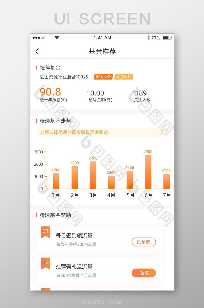 橙色简约风格基金推荐信息统计界面设计