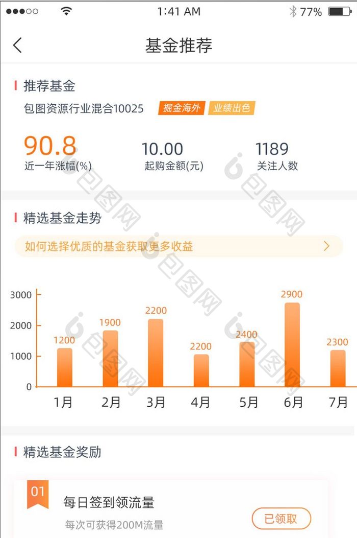 橙色简约风格基金推荐信息统计界面设计