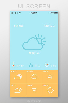 蓝黄天气预报移动界面UI矢量素材
