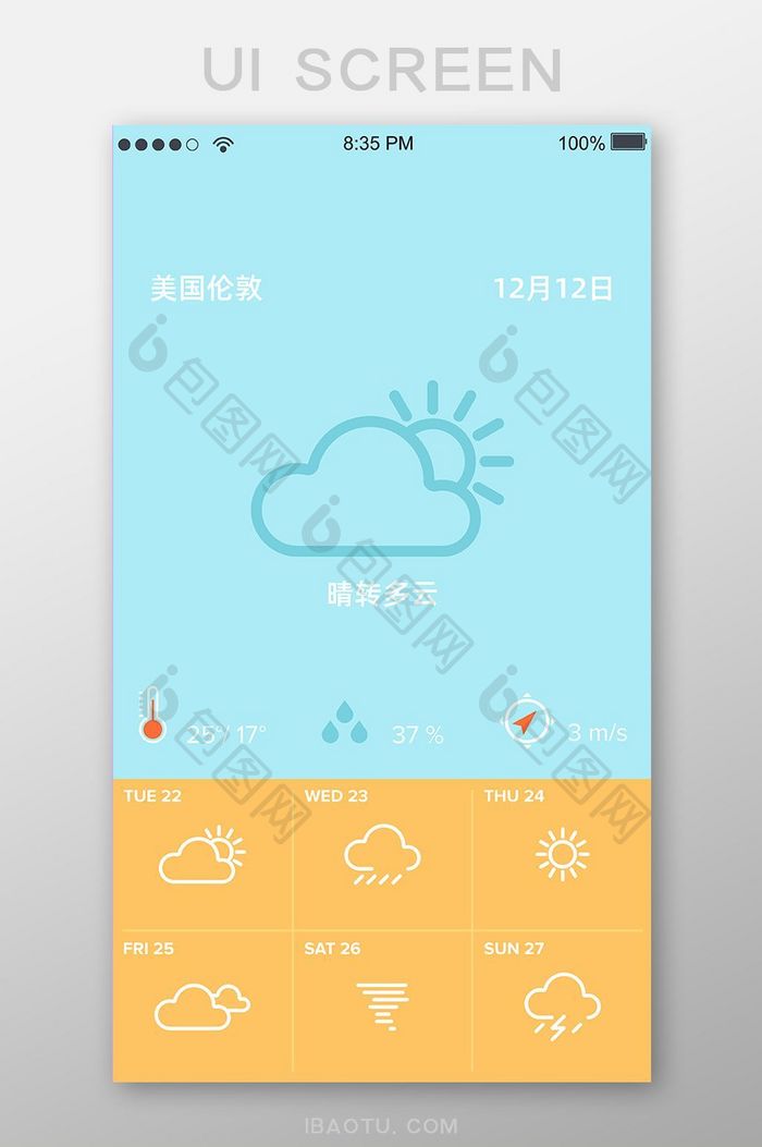 蓝黄天气预报移动界面UI矢量素材