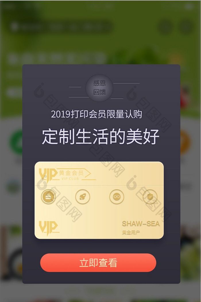 会员卡特权弹窗弹出金色VIP面性图标