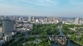 航拍浙江宁波天一阁月湖景区