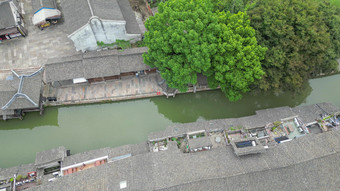 航拍浙江桐乡乌镇东栅景区