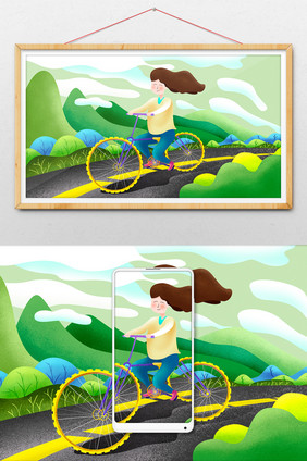 唯美春游旅行骑自行车插画