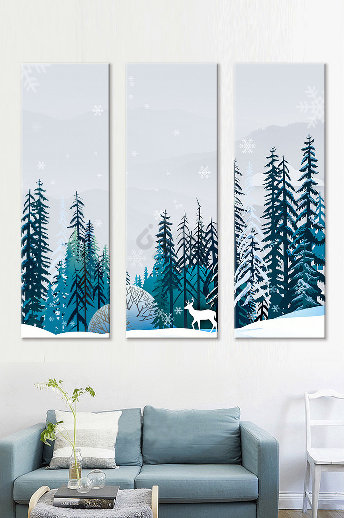 冬季森林雪景白鹿抽象风景装饰画图片