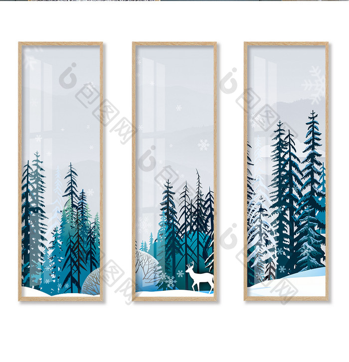 冬季森林雪景白鹿抽象风景装饰画