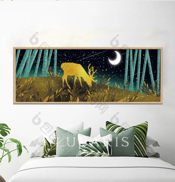 手绘森林金色麋鹿风景客厅儿童房装饰画
