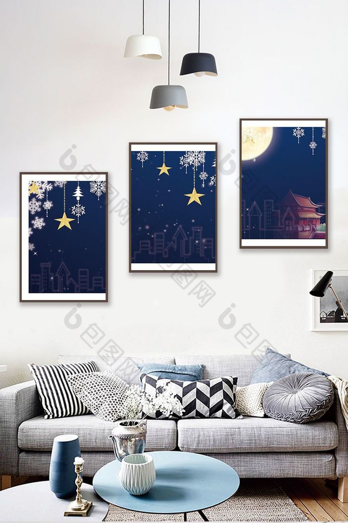 手绘线条星空麋鹿风景儿童房卧室床头装饰画图片图片