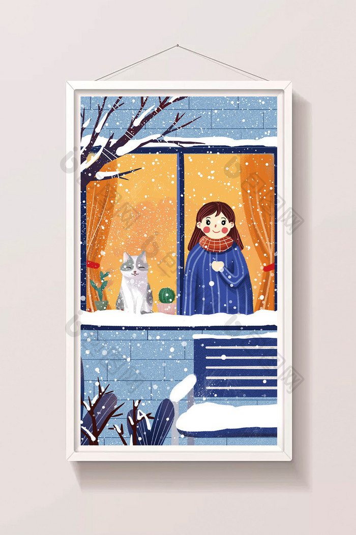 冬日下雪雪地女孩猫窗户gif插画