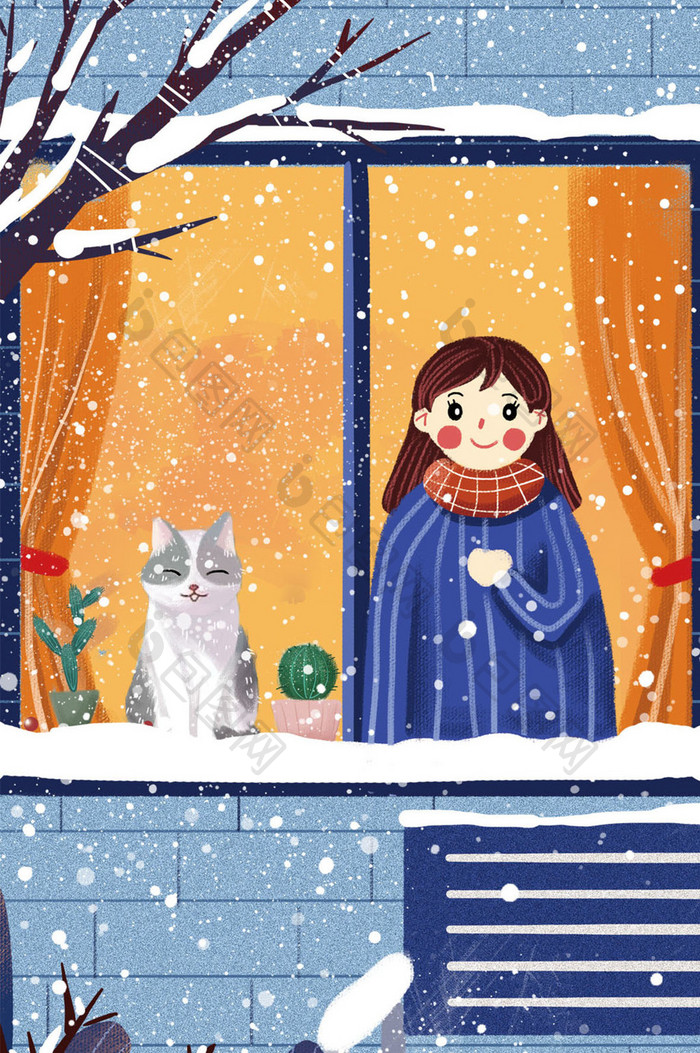 冬日下雪雪地女孩猫窗户gif插画