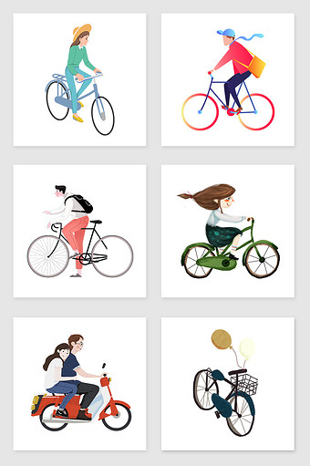 手绘骑车的人物套图插画元素图片