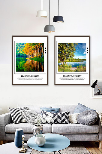 湖景树林自然风景酒店双联装饰画图片