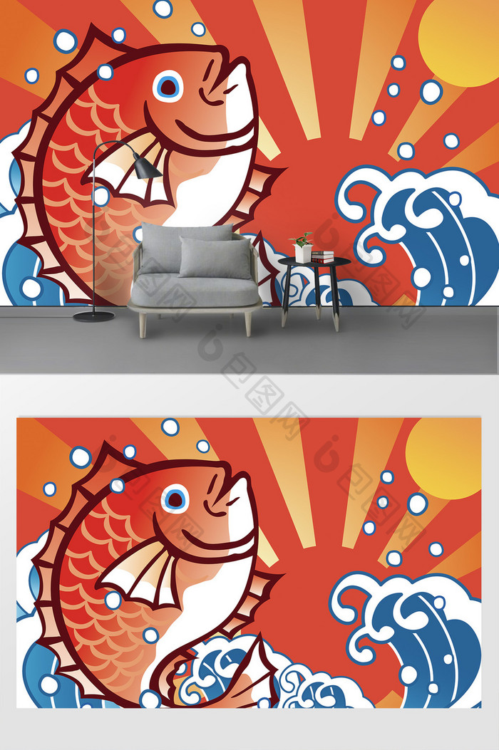 新中式抽象手绘祥云鲤鱼背景墙壁画