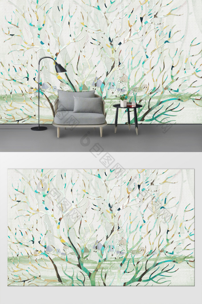 北欧简约水彩树客厅卧室背景墙装饰画