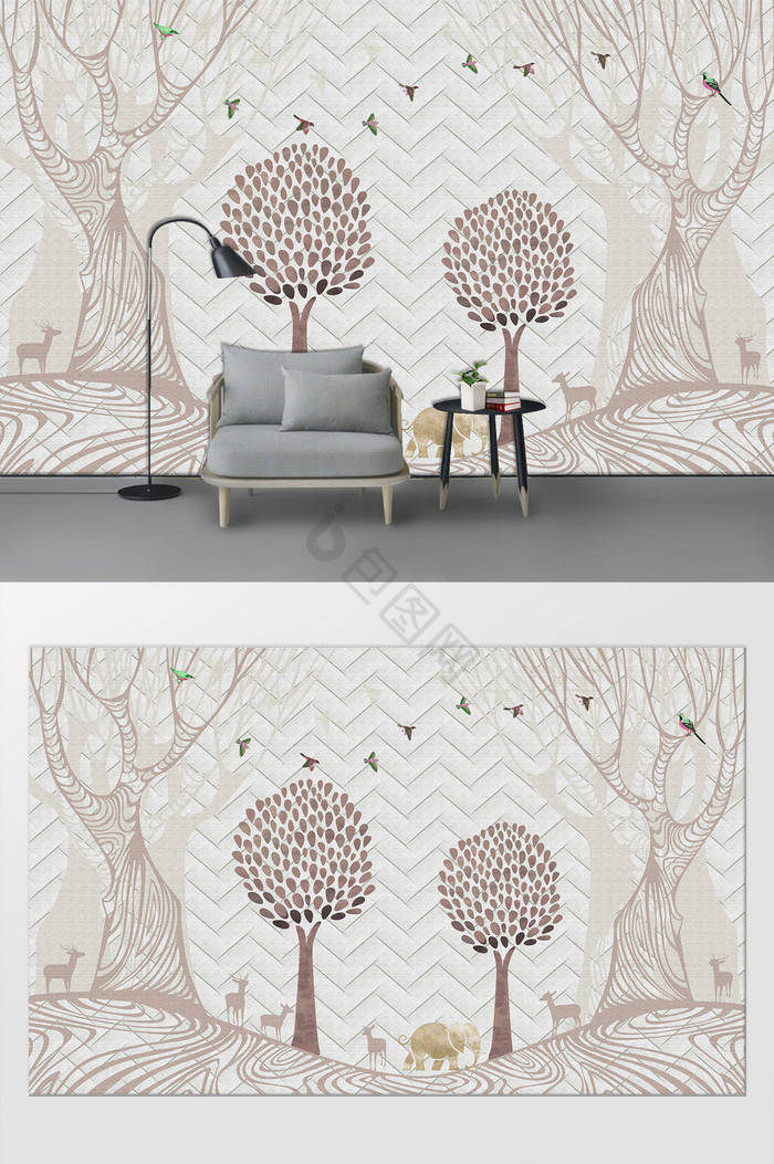 北欧简约森林麋鹿客厅卧室背景墙
