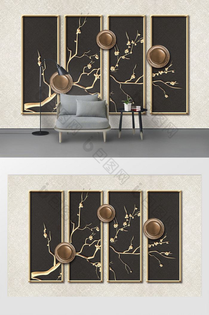 现代艺术金色造型树枝浮雕画框背景墙