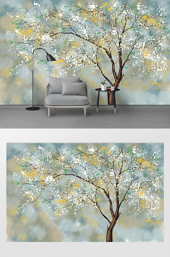 现代手绘抽象树油画背景壁画图片