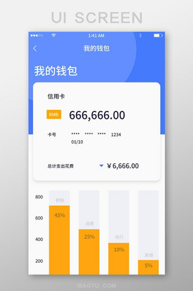 蓝色简约风格卡片式我的钱包柱状图消费明细