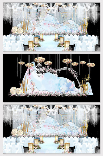 新中式唯美蓝色大气婚礼效果图图片