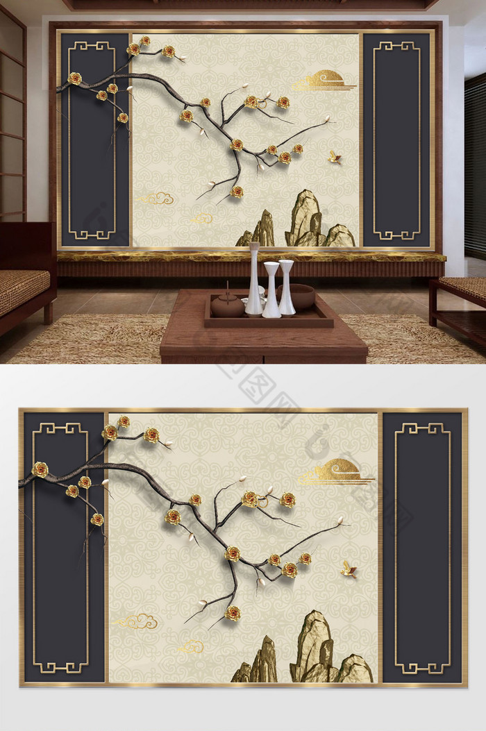 新中式金色花鸟山峦祥云中式背景墙图片图片