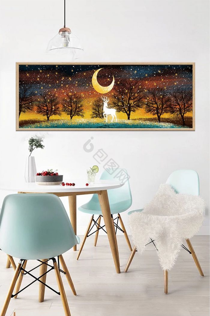 手绘月光下的麋鹿风景儿童房卧室餐厅装饰画图片